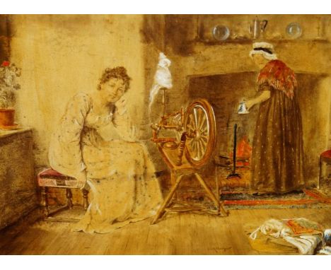 After George Goodwin Kilburne. Cottage interior with mother, daughter and spinning wheel, over painted photographic print hei