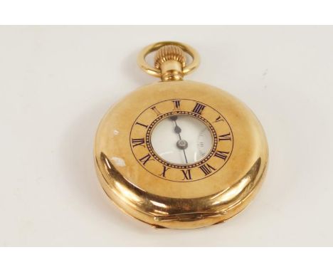 An early 20thC gent's keyless half hunter pocket watch, with white enamel dial and subsidiary hand and seven jewel movement, 