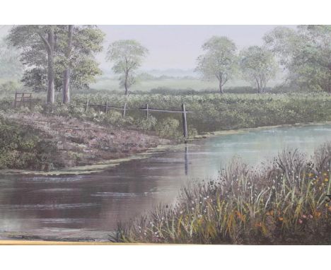 J Chilton. A large oil on canvas in gilt frame, and reproduction harvest scene gilt framed print, (2).