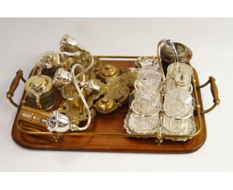 A light oak two-handled tea tray, with brass gallery and an assortment of metal ware including perpetual calendar, table crue