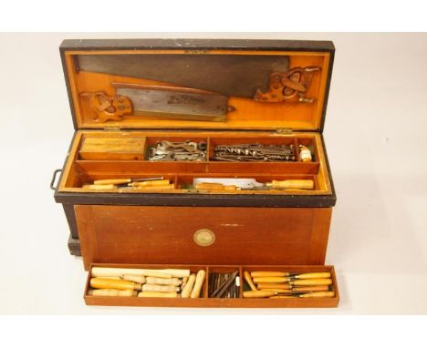 The tool chest and tools of Ernest Staples, Pattern Maker (d.1979). Comprising Geo. Preston brass back saw, another, board wi