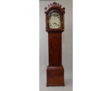 A George III mahogany longcase clock, with 8-day movement and painted arch dial having river scene with swan automaton moveme