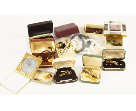 A small selection of imitation jade jewellery, and various costume jewellery, powder compacts, etc. 
