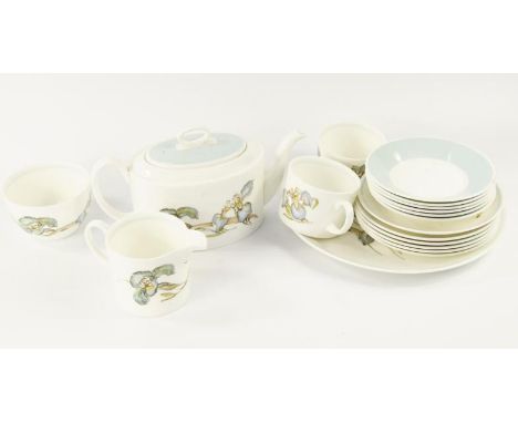 A Wedgwood Susie Cooper Iris pattern part tea service, including teapot.