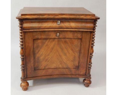 A Regency flame figured mahogany side cabinet, with half veneered caddy top and curved front, fitted with a moulded frieze dr