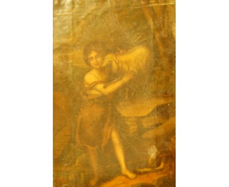 An 18thC/19thC School. Portrait of a shepherd boy with a lost sheep, oil on canvas, 33cm x 21cm. 