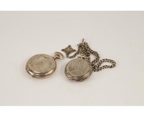 Two silver pocket watches, one with white enamel dial picked out in gilt, and another, together with a watch chain.