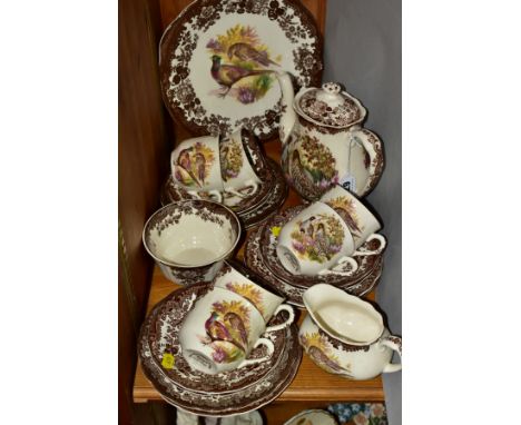 PALLISY (ROYAL WORCESTER GROUP) GAME SERIES TEASET, comprising a teapot, cake plate, milk jug, sugar bowl, six teacups (one h