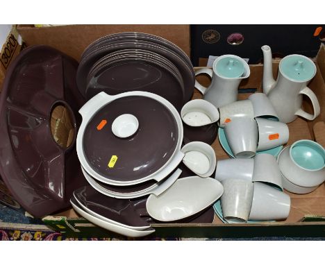 A QUANTITY OF POOLE POTTERY DINNER AND COFFEE WARES comprising a dark brown twin tone Poole Pottery dinner service, having wh