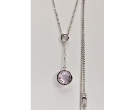 A 9CT WHITE GOLD AMETHYST AND DIAMOND PENDANT NECKLACE, a faceted circular cut amethyst, circular bail set with a single cut 