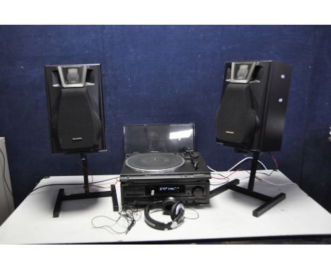 A TECHNICS SL-BD20D TURNTABLE (hinges broken), A SA-EX310 STEREO RECEIVER , a pair of SB-FW12 speakers, a pair of speaker sta
