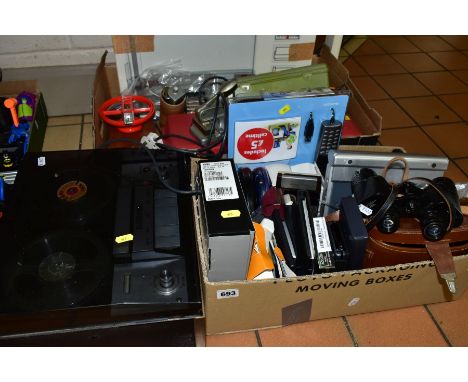TWO BOXES AND LOOSE SUNDRY ITEMS ETC, to include a Dremel 395 Moto-Tool, in plastic box, X-Acto model making tools, Burges Po