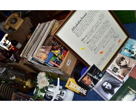 THREE BOXES AND LOOSE OF MISCELLANEOUS ITEMS, including vinyl LP's and DVD's, metalware etc, LP's include classical, Andy Wil