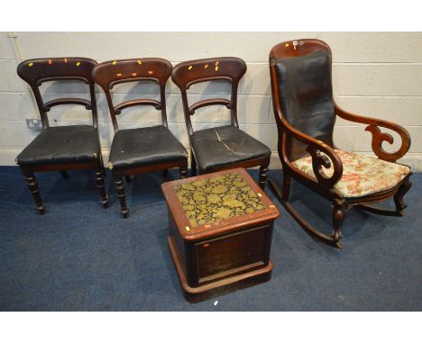 A VICTORIAN MAHOGANY STEP COMMODE, with ceramic bowl together with three Victorian bar back chairs, wall mirror and a Victori