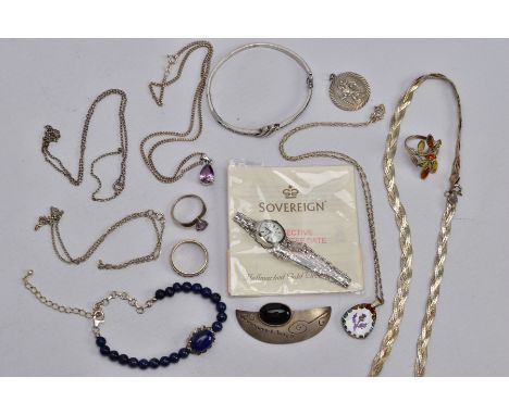 A BAG OF ASSORTED SILVER AND WHITE METAL JEWELLERY, to include a silver and onyx cabochon abstract brooch, hallmarked London 
