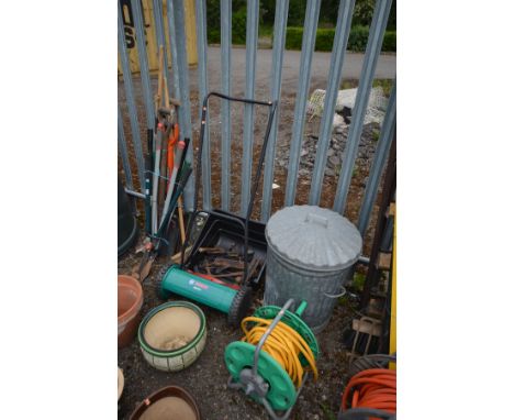 A BOSCH AHM 38 G PUSH ALONG CYLINDER LAWNMOWER, with grass box (missing bolts) along with a two bundles of garden tools to in