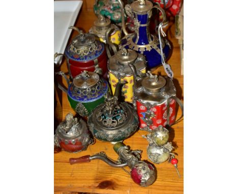 A COLLETION OF FOURTEEN 20TH CENTURY CHINESE BASE METAL MOUNTED CERAMIC AND HARDSTONE MINIATURE TEA POTS, SNUFF BOTTLE, ETC, 
