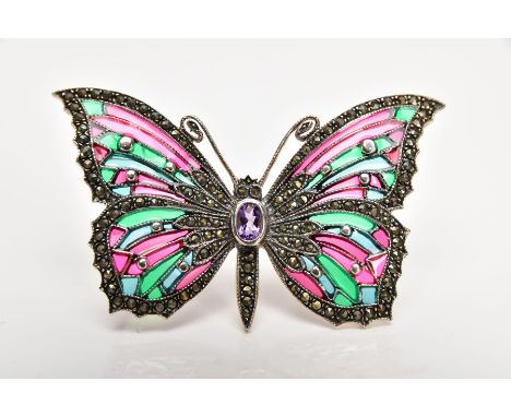 A WHITE METAL PLIQUE-A-JOUR AND MARCASITE BUTTERFLY BROOCH, with red, pink, blue and green enamelled wings, the marcasite det