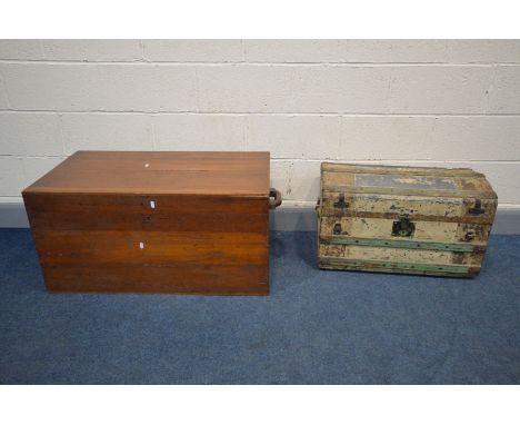 A CAMPHOR WOOD CHEST with twin handles, width 102cm x depth 51cm x height 46cm and a domed tin trunk (Sd) (2)