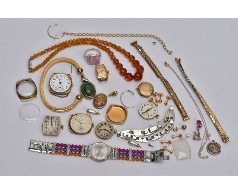 A BAG OF ASSORTED JEWELLERY, to include a ladies Swatch wristwatch, round silver dial, Arabic numerals, fitted with a multi c