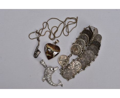 A BAG OF SILVER AND WHITE METAL JEWELLERY, to include a silver dolphin pendant embellished with a colourless paste body and t