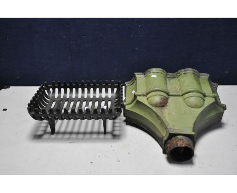 A VICTORIAN SHAPED RAIN HOPPER width 44cm x height 38cm, and a more recent cast iron Fire Basket width 38cm x depth 26cm x 16