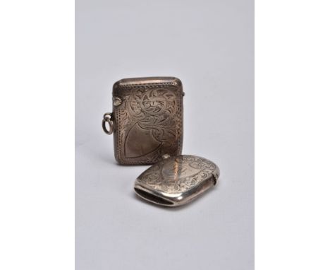 TWO SILVER VESTA CASES, the first of a rectangular form, foliate engraved design, vacant shield shaped cartouche, striker to 