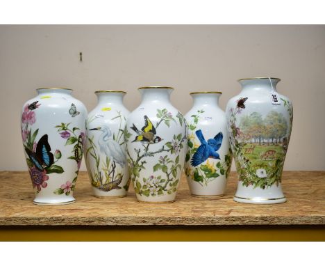 FIVE FRANKLIN PORCELAIN VASES, comprising 'The Autumn Glen Vase' by Peter Barrett, height 31cm, 'The Bluebirds of Summer' vas