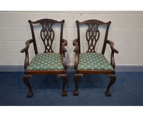 A PAIR OF REPRODUCTION MAHOGANY CHIPPENDALE STYLE CARVER CHAIRS, mythical creatures terminated to open arm rests, drop in sea