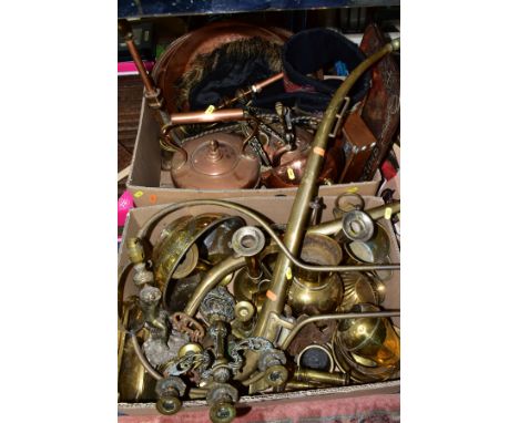 TWO BOXES OF BRASS AND COPPER, etc, to include a pair of brass horse hames, a tapestry pendant on brass cantilever arm, two c