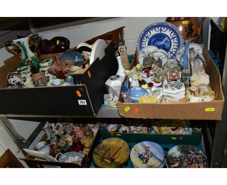 FOUR BOXES AND LOOSE CERAMICS ORNAMENTS, COLLECTORS PLATES, ETC, to include Wedgwood blue jasperwares, Lilliput Lane: Big Ben