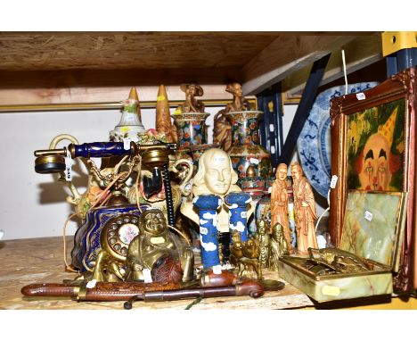 A QUANTITY OF METALWARES, PIPES, CERAMICS, ETC, including Lingson, portrait of a clown, oil on canvas, signed lower right, 24