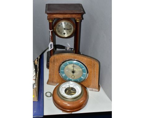 TWO MANTEL CLOCKS AND A BAROMETER, comprising an Edwardian portico mahogany stained mantel clock, circular silvered dial with