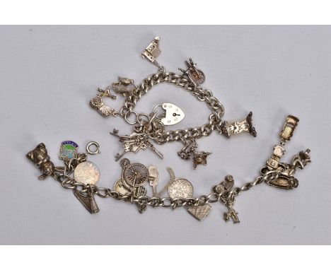 TWO CHARM BRACELETS, the first suspending eight white metal charms in forms such as a bible, church, spindle, telephone, keys