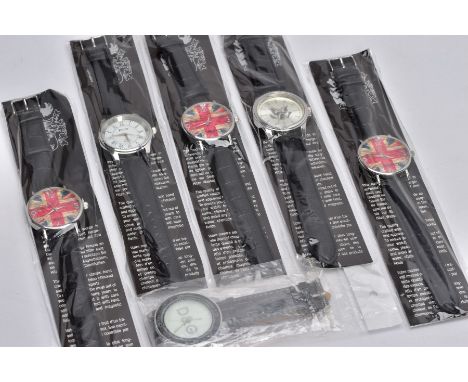 SIX NEW UNUSED WRISTWATCHES, to include five quartz watches, such as gents 'Eiger' watches, three with the British flag desig