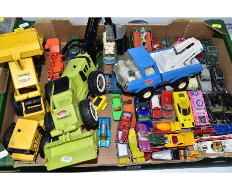 A BOX OF ASSORTED PLAY WORN DIECAST VEHICLES, to include Dinky Toys Boston A105 saloon No 176, in pale grey and red, a Corgi 