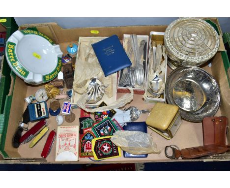 A BOX OF MISCELLANEOUS ITEMS, to include plated items, cutlery, various material continental/rambling badges France, Italy, G