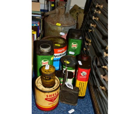 A GROUP OF TINS, including Aladin Pink Paraffin can, Castrol and Shell vintage tins, Holts compression primer, Romac valve gr