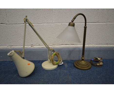 A LAURA ASHLEY BRASS TABLE LAMP, with a frosted glass shade, along with a cream Herbert Terry and Sons Angle Poise desk lamp 