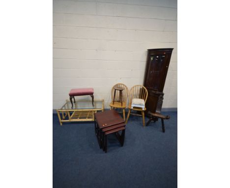 A QUANTITY OF OCCASSIONAL FURNITURE to include an oak spinning chair, small circular bobbin turned table, upholstered foot st