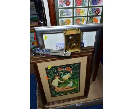 A BOX OF FRAMED PRINTS, CIGARETTE CARDS, etc, including three prints after Beryl Cook, published by Gallery 5 and titled Adam
