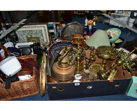 FOUR BOXES AND LOOSE MISCELLANEOUS, METALWARE, ETC, to include a Lion Zither/sd, boxed Merit microscope set, pair brass cande