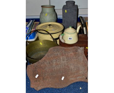 LOOSE SUNDRY ITEMS, comprising cast iron Pontoon Bridge plaque, brass jam pan, enamel bread bin and Swedish teapot, a camera 