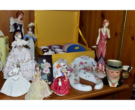 A GROUP OF CERAMIC ORNAMENTS AND COFFEE SET, comprising nine various figures Royal Worcester The Fairest Rose limited edition
