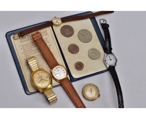 FIVE WRISTWATCHES AND A WALLET OF 'BRITAINS FIRST DECIMAL COINS', watches to include a gents gold plated Limit, fitted with a