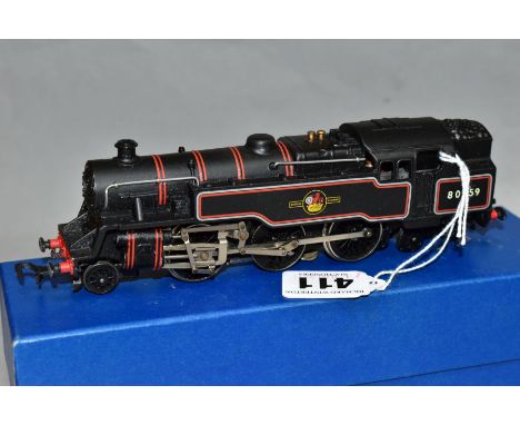 A BOXED HORNBY DUBLO CLASS 4MT STANDARD TANK LOCOMOTIVE, No 80059, B R lined black livery (bodyshell marked EDL18), has been 