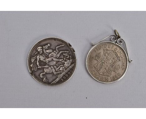 TWO SILVER COINS, the first a mounted George VI 1948 half crown, within a collet and scroll mount, fitted with a suspension r