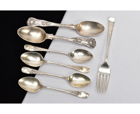 SIX SILVER TEASPOONS AND A SILVER DESSERT FORK, four teaspoons each with a decorative foliate design to the handle, each hall