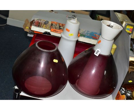 A PAIR OF MID 20TH CENTURY AMETHYST GLASS PENDANT LIGHTS, with opaque white inner conical shades (one with large glued repair