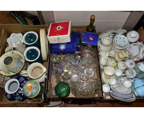 THREE BOXES OF TEA WARES, GLASS AND CERAMICS, ETC, to include Royal Doulton 'Diana' part tea set, comprising  teapot, five cu